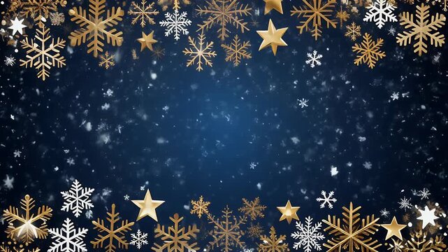 A festive border of golden snowflakes and stars adorns a deep blue background with falling snow.