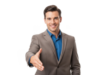 Smiling businessman extending his right hand forward for a handshake isolated on transparent background