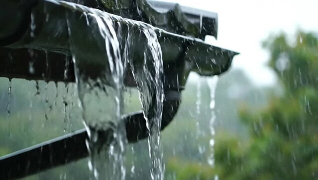 Rainwater flowing down a metal gutter on a house roof