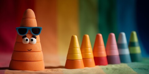 Playful orange cone toy with blue sunglasses leading colorful stacking cones, vibrant rainbow background.