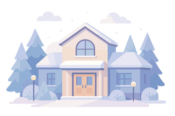 Charming winter cabin in snowy landscape with soft pastel tones