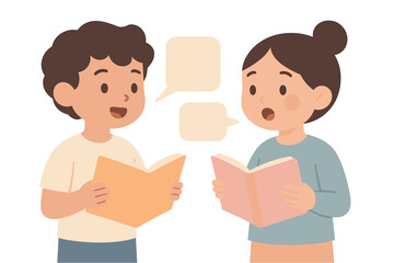 Fototapeta premium Children reading and talking with speech bubbles - minimalist flat design