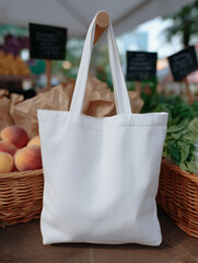 Blank white canvas tote bag at farmer&rsquo;s market, eco-friendly shopping mockup scene