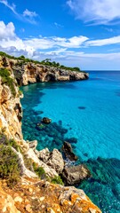 Fototapeta premium Sunny coastal view of rocky cliffs and turquoise water meeting a bright blue sky with fluffy white clouds above