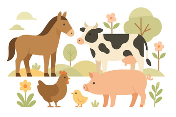 Obraz premium Charming farm animals in pastel colors with nature elements