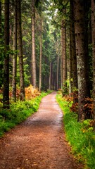 Obraz premium Forest pathway lined with tall trees, leading into hazy distance, green ferns, and textured trail surface