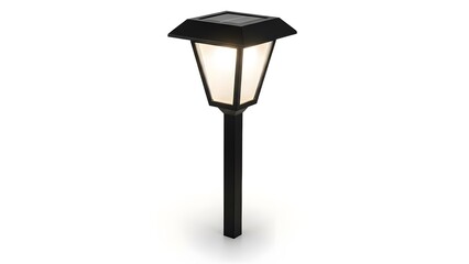 A solar-powered garden lamp illuminates a pathway with a warm glow. The lamp, designed with a classic, elegant style, stands tall