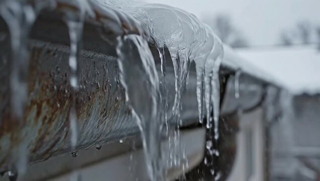 Melting icicles dripping from a rusted gutter in winter