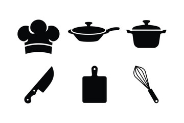 Culinary icons featuring chef hat pots knife cutting board and whisk
