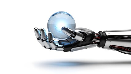 A robotic hand delicately holding a glowing crystal ball. The scene represents technological innovation and futuristic concepts.