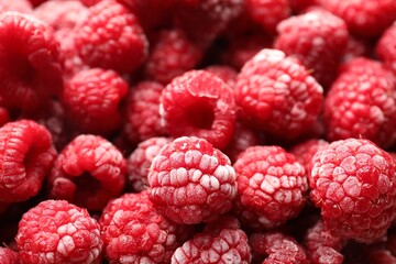 Frozen ripe raspberries as background, closeup view