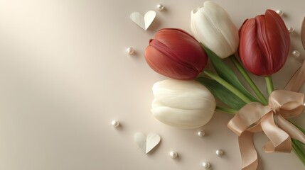 Tulips with ribbon and pearls on beige