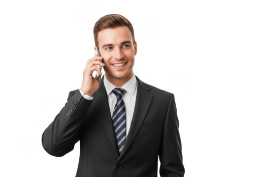 Smiling young businessman in a suit and tie talking on a mobile phone isolated on transparent background - Powered by Adobe