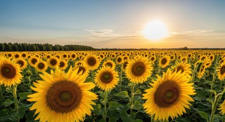Fototapeta premium Expansive Sunflower Field Under a Golden Sunset Sky, Capturing the Natural Beauty and Serenity of Summer Blooms in Full Glory