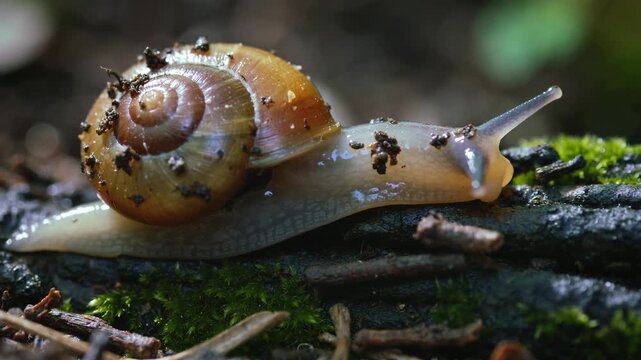 A macro shot of a small snail with a brown shell slowly crawling on a mossy log. Wild gastropod moving through its natural forest habitat