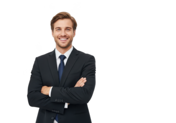 Smiling confident businessman with arms crossed wearing a dark suit and tie isolated on transparent background