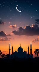 Silhouette of Mosque at Sunset with Crescent Moon