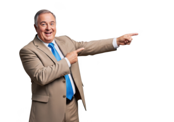 Smiling caucasian businessman in a tan suit and blue tie gesturing to the right isolated on transparent background