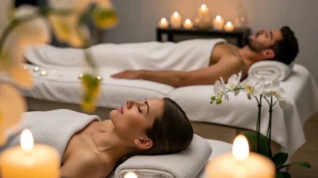 Couple relaxing together at a luxury spa for a wellness treatment video - Powered by Adobe