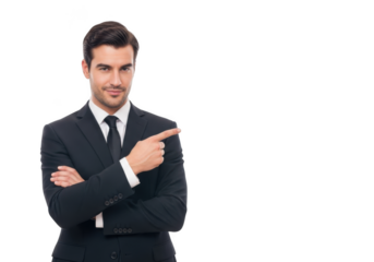 Confident businessman in a dark suit and tie pointing to the right with arms crossed isolated on transparent background