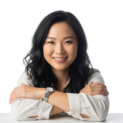 Smiling asian woman with arms crossed isolated on transparent background