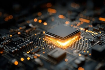 Close up view of a glowing computer microchip featuring electronic circuitry and bright light 