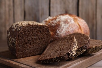 Different types of bread on table, closeup