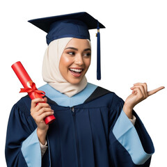 Happy muslim graduate wearing hijab and cap holding diploma isolated on transparent background