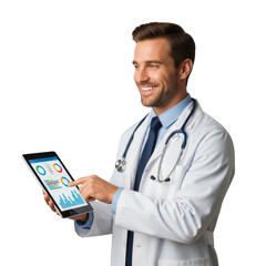 Doctor using a tablet with medical icons isolated on transparent background