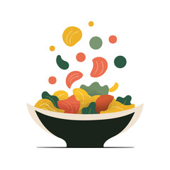 Clean 2D flat vector depiction of a Pasta Primavera, designed in minimalist modern style with white background.