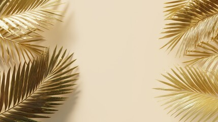 Fototapeta premium Flat-lay background for text, summer sale, featuring palm leaves of pastel tones against ivory background
