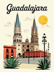 Obraz premium Vintage style travel poster of Guadalajara featuring cathedral towers, traditional plaza, and agave plants in warm mid century colors.