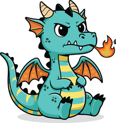 Cartoon baby dragon character sitting with angry expression, breathing flame, turquoise body and orange wings, flat vector illustration