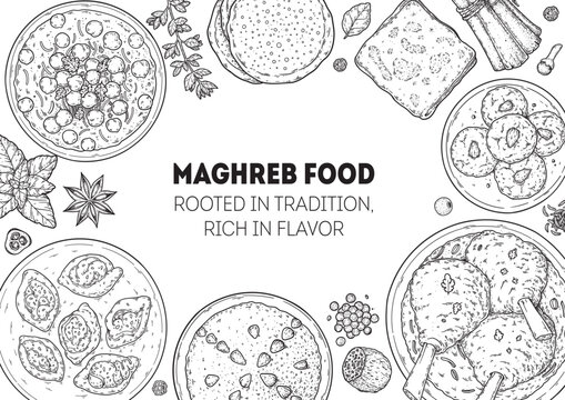 Maghrebi cuisine top view vector illustration. Food menu design template. Hand drawn sketch. Maghreb food menu. Vintage style. Vector drawing illustration.