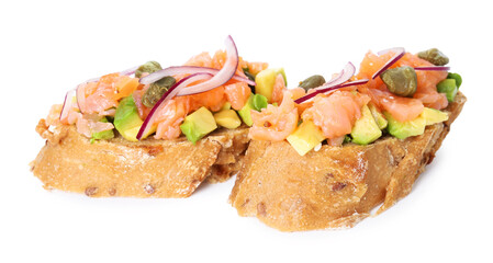Delicious bruschettas with salmon, avocado, capers and onion isolated on white