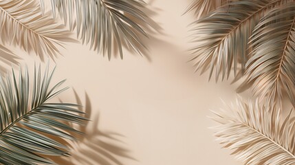 Obraz premium Flat-lay background for text, summer sale, featuring palm leaves of pastel tones against ivory background