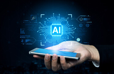 A futuristic AI core processor and system analytics dashboard. This concept highlights the raw processing power of AI for deep data analysis, system diagnostics, and global network monitoring. Fermion