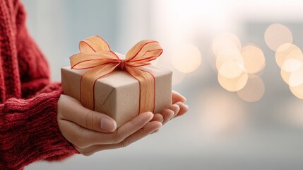 Woman holding gift box with ribbon