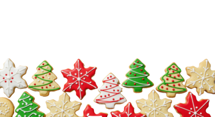 Baked sugar cookies, festive shapes, glossy white, red, green royal icing, arranged on transparent background with ample copy space, holiday baking celebration
