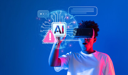 A young individual explores virtual reality while interacting with artificial intelligence icons, emphasizing the blend of technology and human experience in modern communication. XDMCP