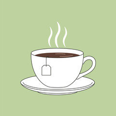 White ceramic cup of hot black tea with tea bag and steam rising vector illustration.