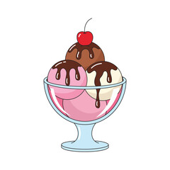 Three scoops of ice cream sundae with chocolate syrup and cherry in glass bowl vector illustration.