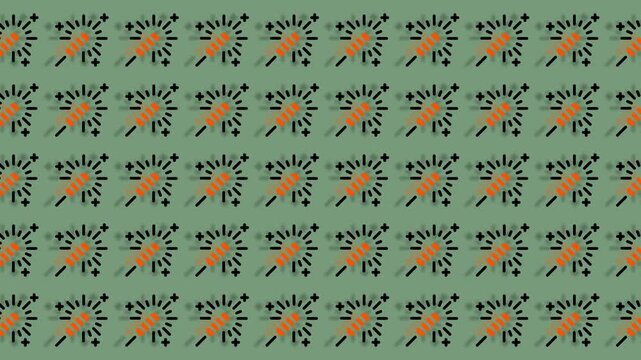 Abstract geometric pattern with repeating sun-like motifs on a green background.
