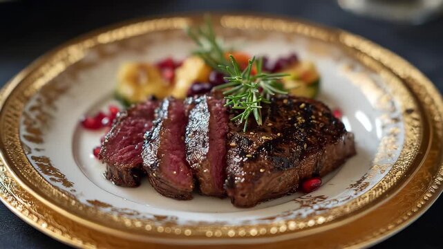 Luxury dinner stake medium rare plate, Luxury dinner featuring a medium-rare steak elegantly plated with gourmet sides and garnishes