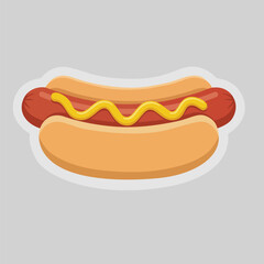 Classic hot dog sandwich with yellow mustard topping, fast food vector illustration sticker icon.