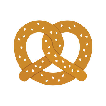 Classic golden brown soft pretzel with salt grains, traditional bakery snack vector illustration isolated.