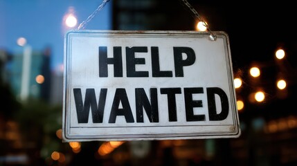 Help Wanted Sign in Restaurant Window Hiring Staff