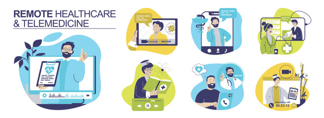 Remote healthcare and Telemedicine concept set for web design. Collection with people getting doctor consultation with appointments by video call, chatting with clinic online. Vector illustration.