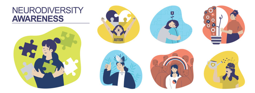 Neurodiversity awareness concept set for web design. Collection with people having neurology diversity, sensitivity, autism and adhd acceptance, mental difference representation. Vector illustration.
