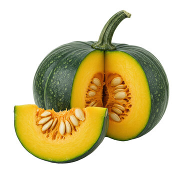 Small, round, deep forest green pumpkin with gnarled stem and cut slice showing vibrant orange flesh, seeds, on a transparent studio background, natural abundance concept